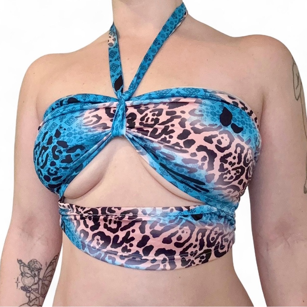 Sz S/M Club/Festival Strappy Blue Leopard Bustier Halter Tie Top